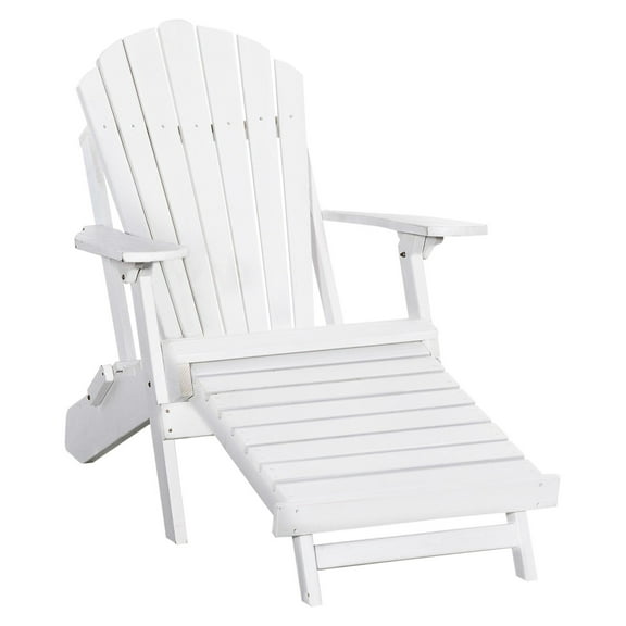 White Adirondack Chair with Footrest - Ergonomic Wooden Lounger for Patio, Poolside, Backyard - Outdoor Patio Furniture