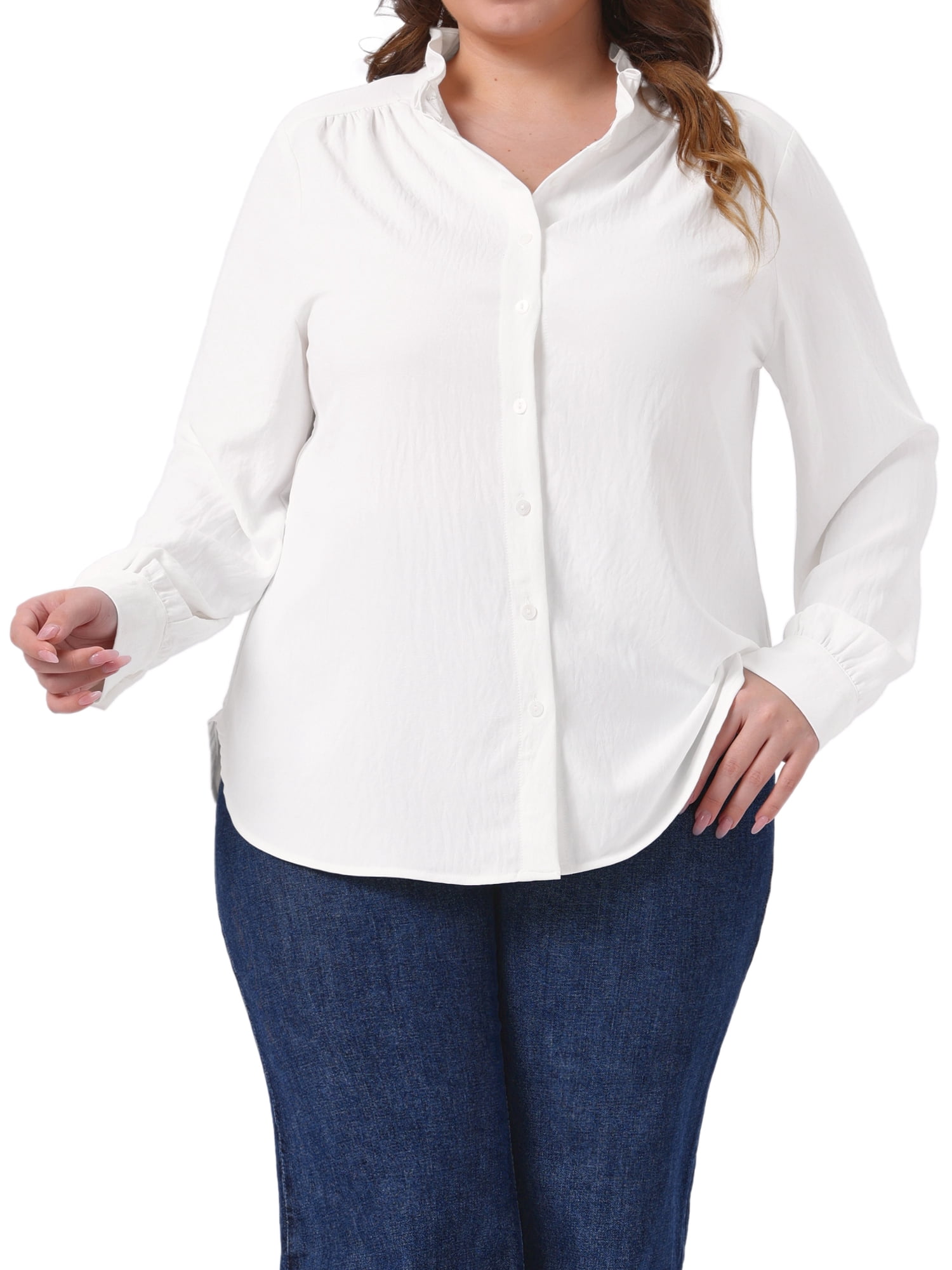 DARING DIVA Women's Plus Work Office Button Down Shirt Ruffle Stand Collar 2X White