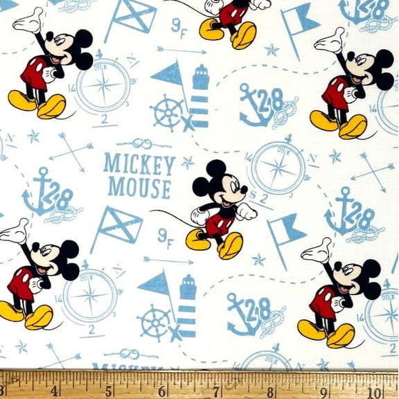1 Fat Quarter - Disney Mickey Mouse Nautical Lighthouse & Anchors on White Cotton Fabric - 18" X 21"