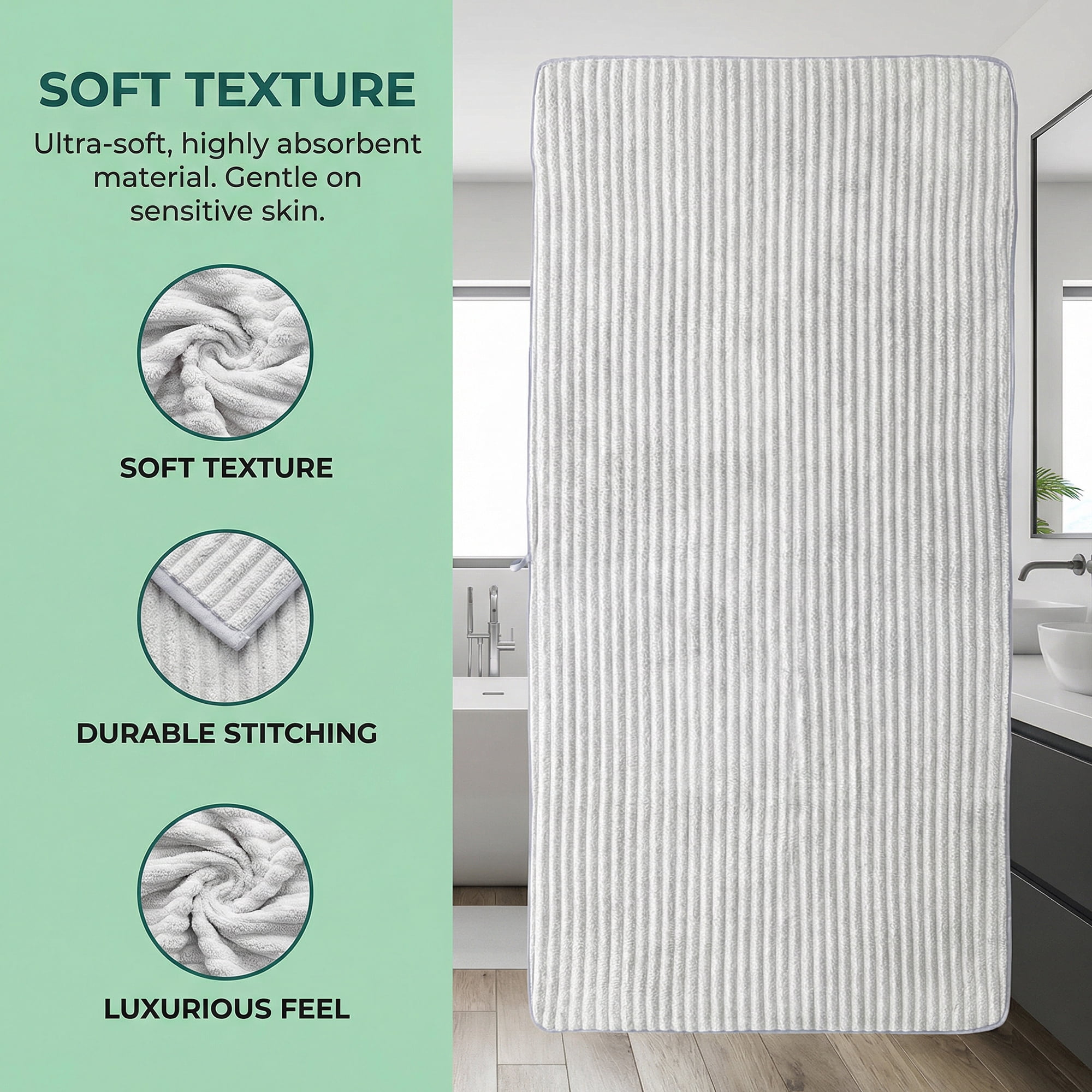 Unique Bargains 2Pcs Soft Super Absorbent Coral Fleece Bath Towel Light Grey/Green 55"x28"