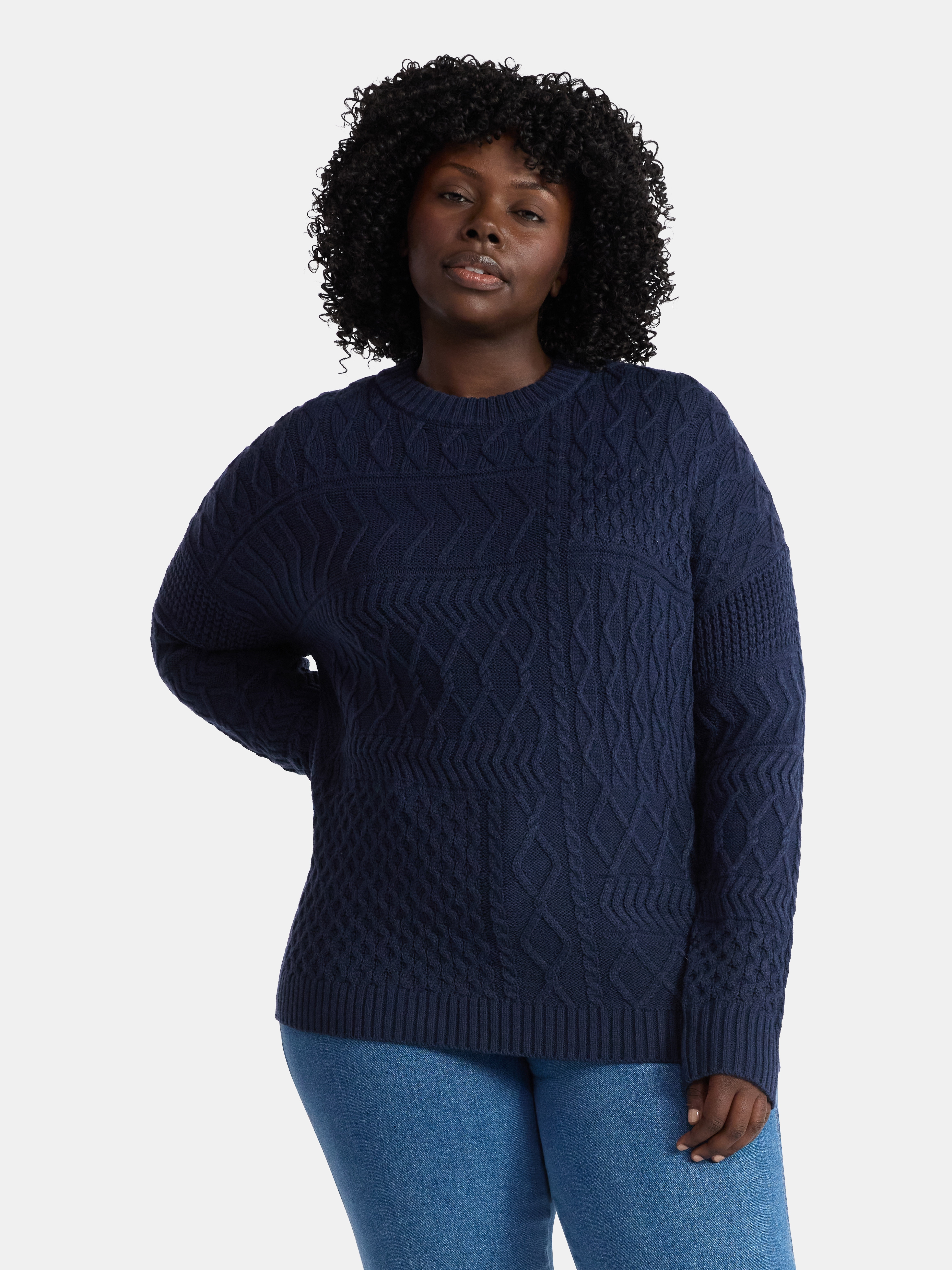 Time and Tru Women’s and Women’s Plus Mixed Stitch Sweater, Midweight, Sizes XS-4X