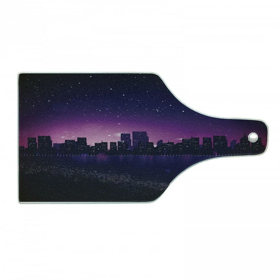 Night Cutting Board, City Skyline Silhouette Skyscrapers Abstract Graphic Architecture Urban Life, Tempered Glass Cutting and Serving Board, Wine Bottle Shape, Indigo Pale Pink, by Ambesonne