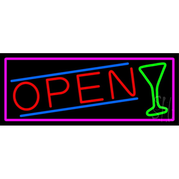 Martini Glass Open With Pink Border LED Neon Sign 13 x 32 - inches, Clear Edge Cut Acrylic Backing, with Dimmer - Bright and Premium built indoor LED Neon Sign for Bar decor.