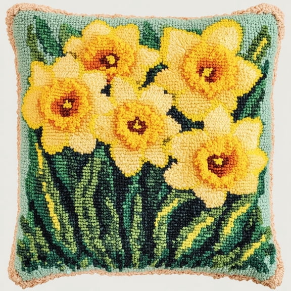 Latch Hook Pillow Kits For Adults Kids Beginners Yellow Flowers 17X17 In Diy Pre-Printed Latch Hook Rug Carpet Cushion Kits Cross-Stitch Embroidery Cushion Embroidered Pillow For Home Sofa D