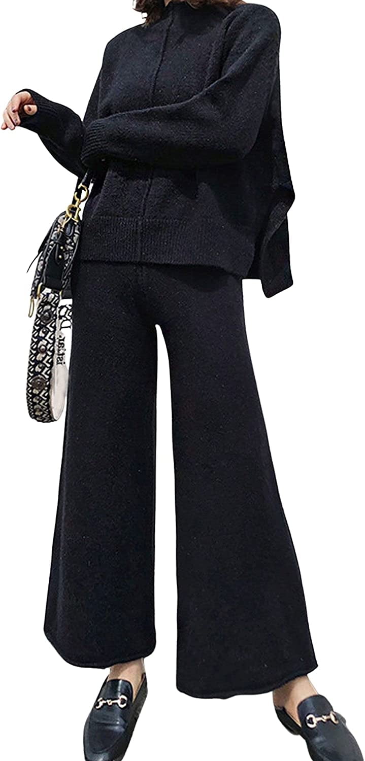 PIKADINGNIS Women Two Piece Sweater Pants Set Sweatsuit Wide Leg Pants