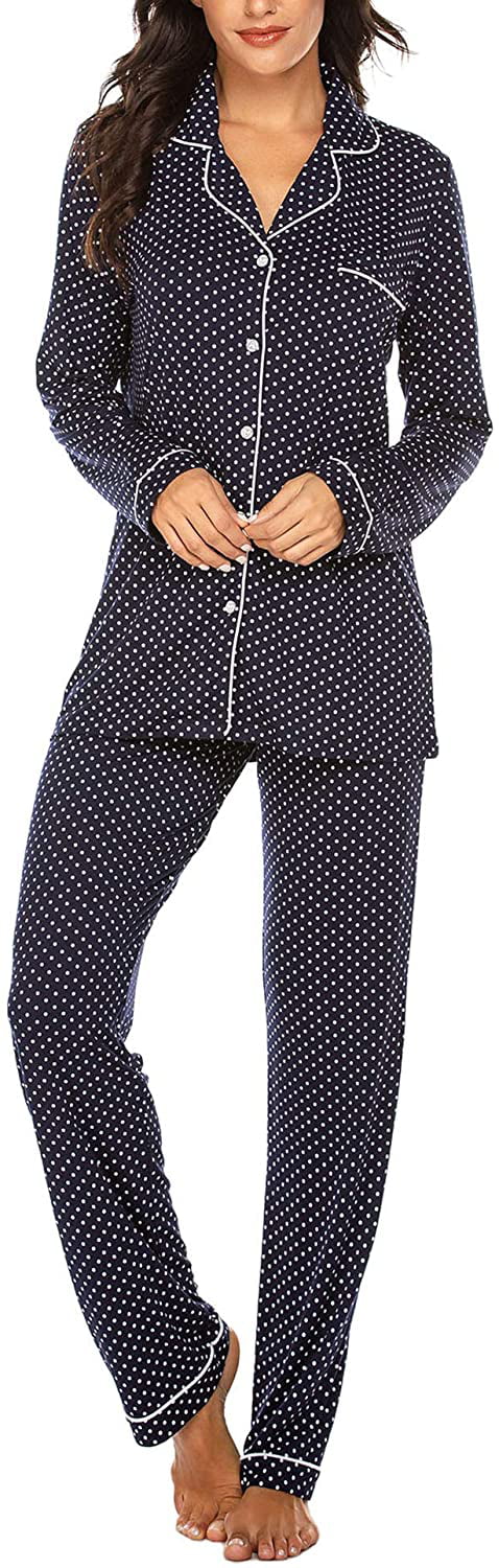 Ekouaer Sleepwear for Women Long Sleeve Pajamas Set Button Down Classic Loungewear Pj Set S-XXL