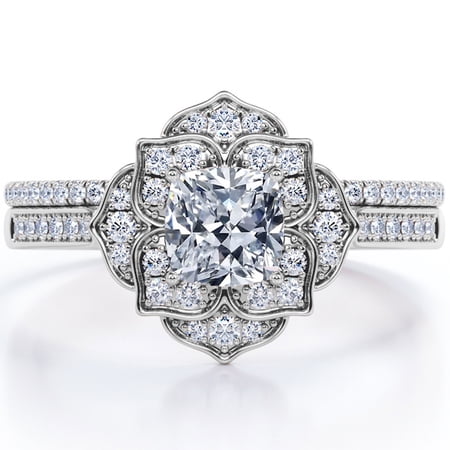 JeenMata Pave-Channel Double Floral Cluster 1.75 Carat Cushion Cut Moissanite Pave Bridal Set In 18K White Gold Plating Over Silver