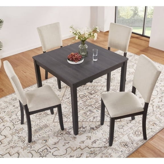 taoruifang 5pcs Modern 4 Person Dining Table Set with 4 Chairs, Square table with Fabric chairs for Living Room, Kitchen and Dining Room, Antique Black   Beige