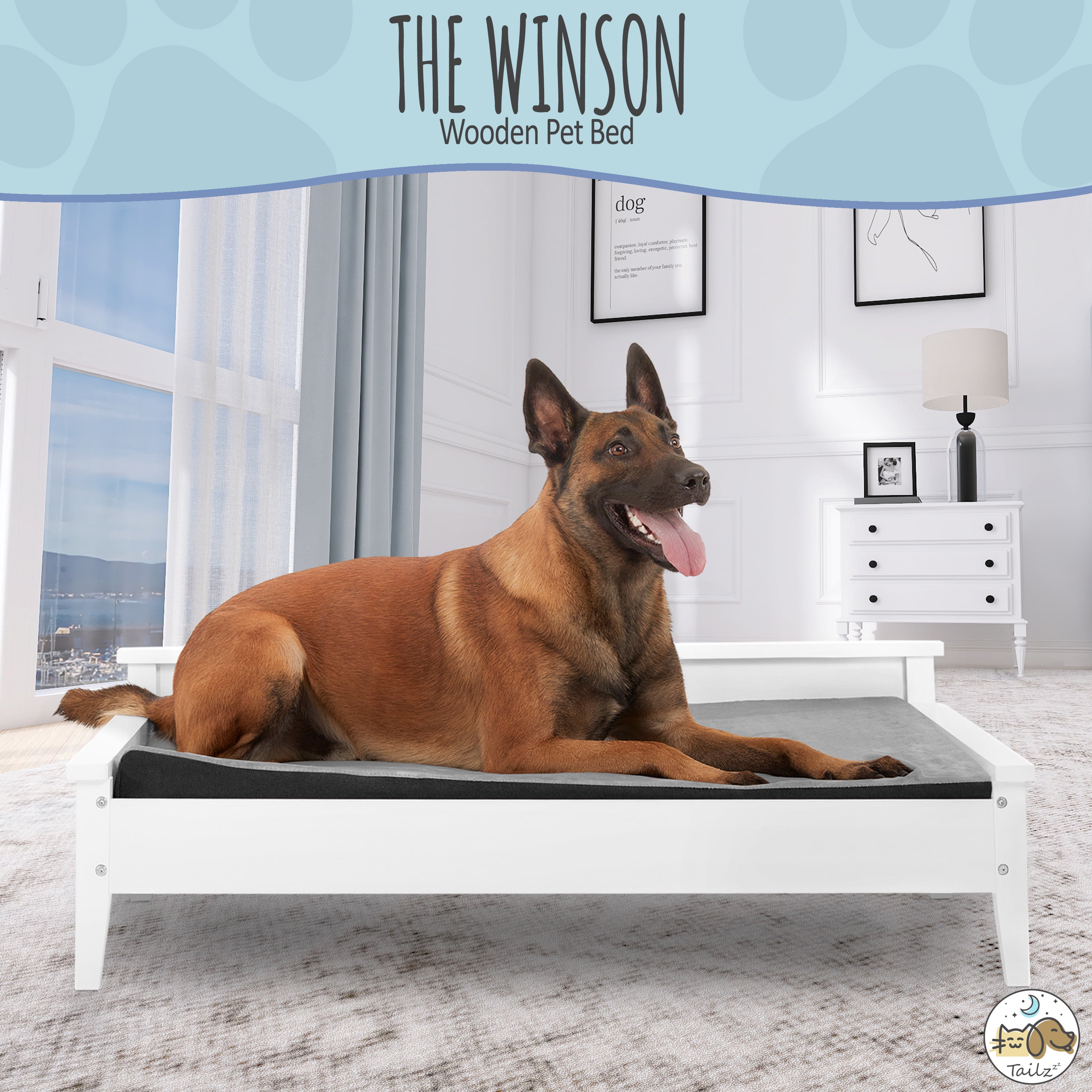 TailZzz Winston Large Elevated Wooden Pet Bed with Mattress, White