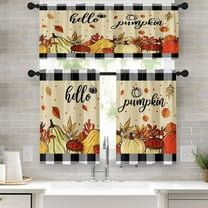 Fall Pumpkin Kitchen Window Curtains Valance and Tier Set 36 Inch, Autumn Plaid Vintage Thanksgiving Leaf 3 Piece Window Treatment Tiers for Living Room Bedroom Kitchen Decor Drapes