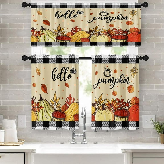 Fall Pumpkin Kitchen Window Curtains Valance and Tier Set 36 Inch, Autumn Plaid Vintage Thanksgiving Leaf 3 Piece Window Treatment Tiers for Living Room Bedroom Kitchen Decor Drapes