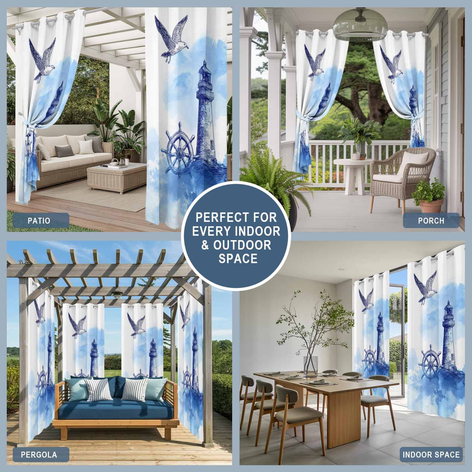 Summer Outdoor Curtains for Patio, Watercolor Seagull Blue Line Ship Rudder Lighthouse Sea Wave Sunshade Privacy Drapes Grommet Waterproof Outside Curtains for Porch/Cabana/Balcony 54"x 108", 1 Panel