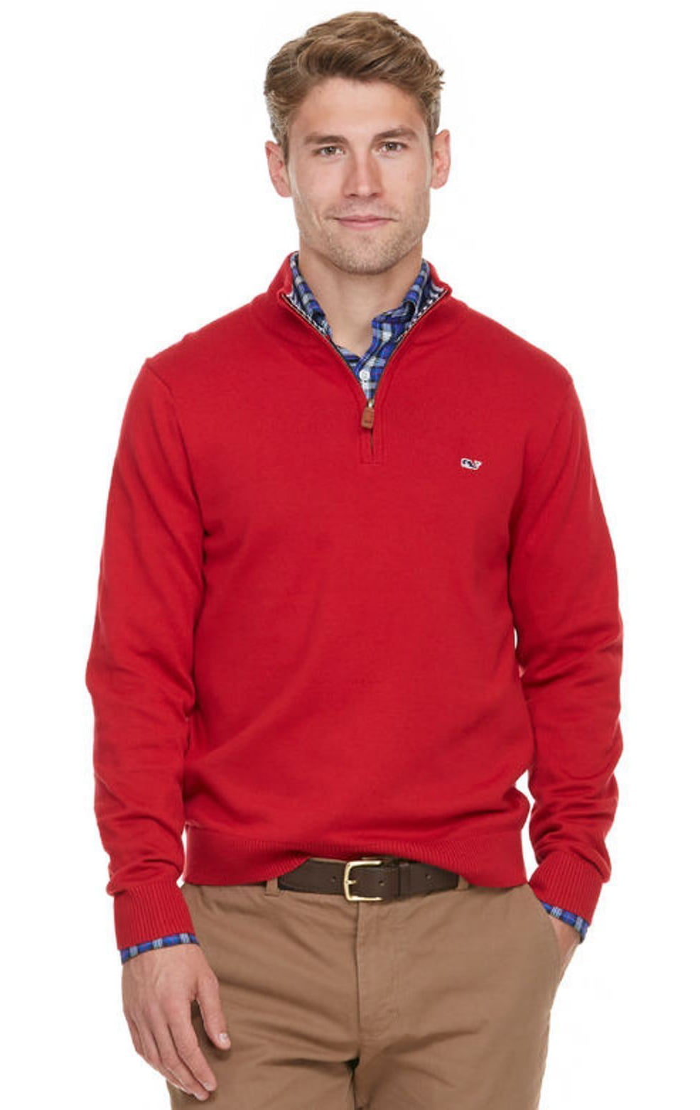 Vineyard Vines Men's Cotton Quarter Zip Sweater in Red Tomato Check ...
