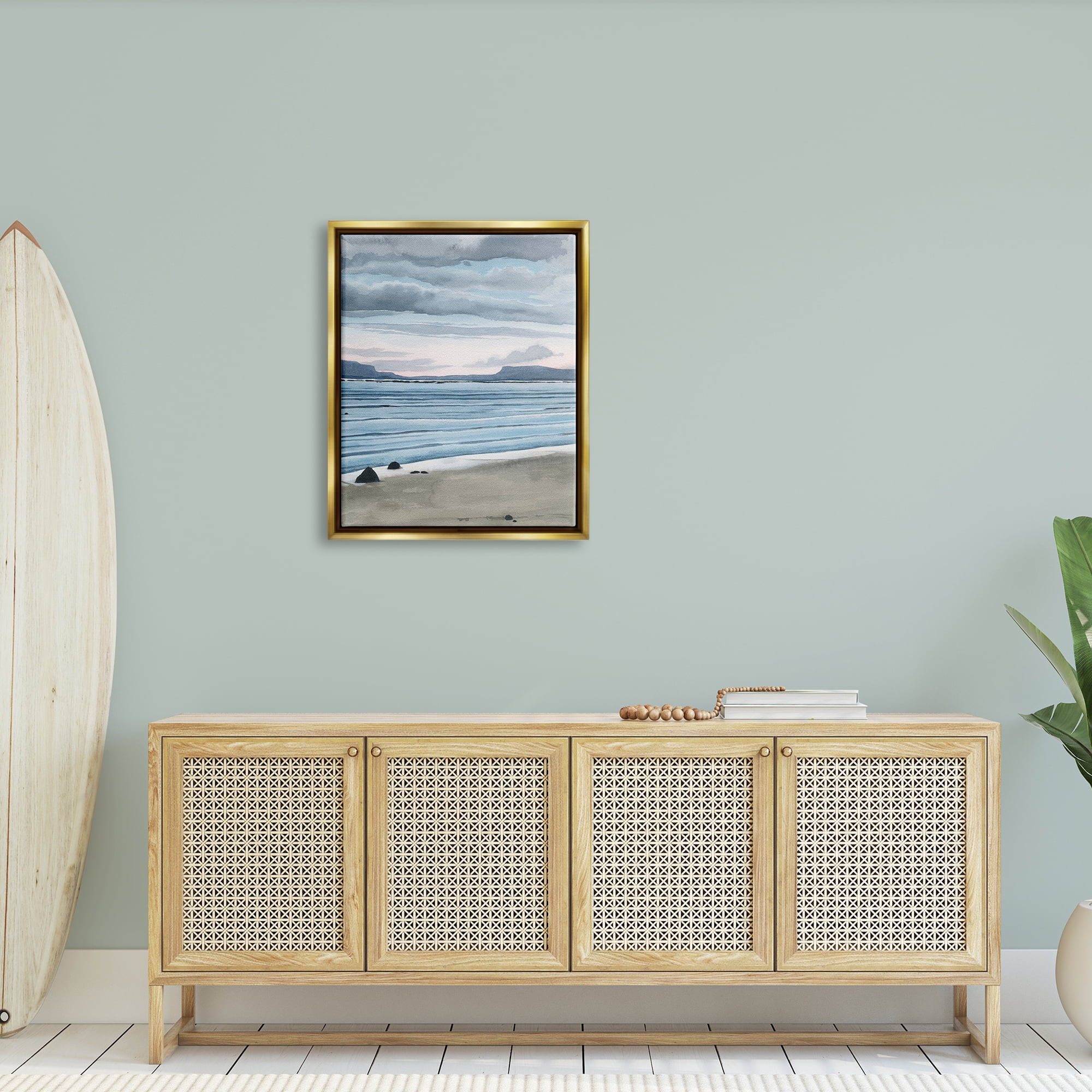 Stupell Calming Coastal Shore Ripples Landscape Painting Gold Floater Framed Art Print Wall Art