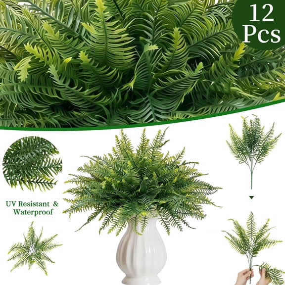 12 Pcs Fake Ferns for Outdoors UV Resistant Faux Fern Plants, Artificial Greenery Fern Stmes for Outside, Garden Porch & Patio Greenery Decor