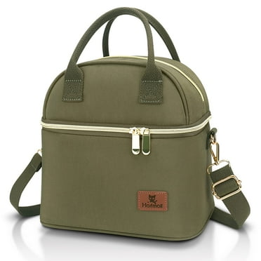 Hafmall Insulated Lunch Bag for Women Men, Dual Compartment Adult Box, Womens Work, Reusable Tote with Shoulder Strap, Green