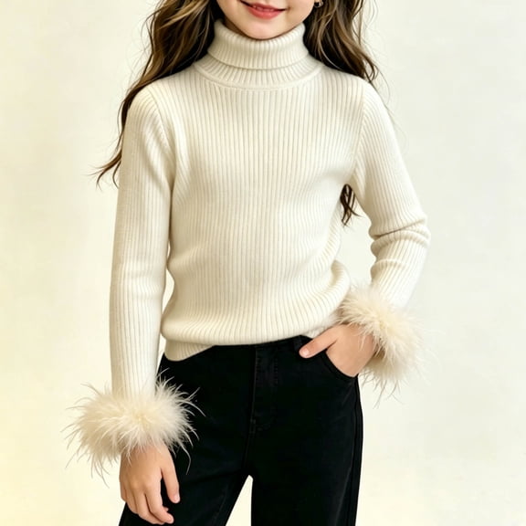BaoFuBaoMei Girls Sweaters Knit Solid Color Long Sleeve Pullover Tops Slim High Neck Fall Clothes for School Daily Wear