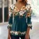 thumbnail image 3 of Tops de manga de siete cuartos para mujer, camiseta elegante con estampado de flores botánicas, blusa holgada informal con botones y cuello en V, 3 of 5