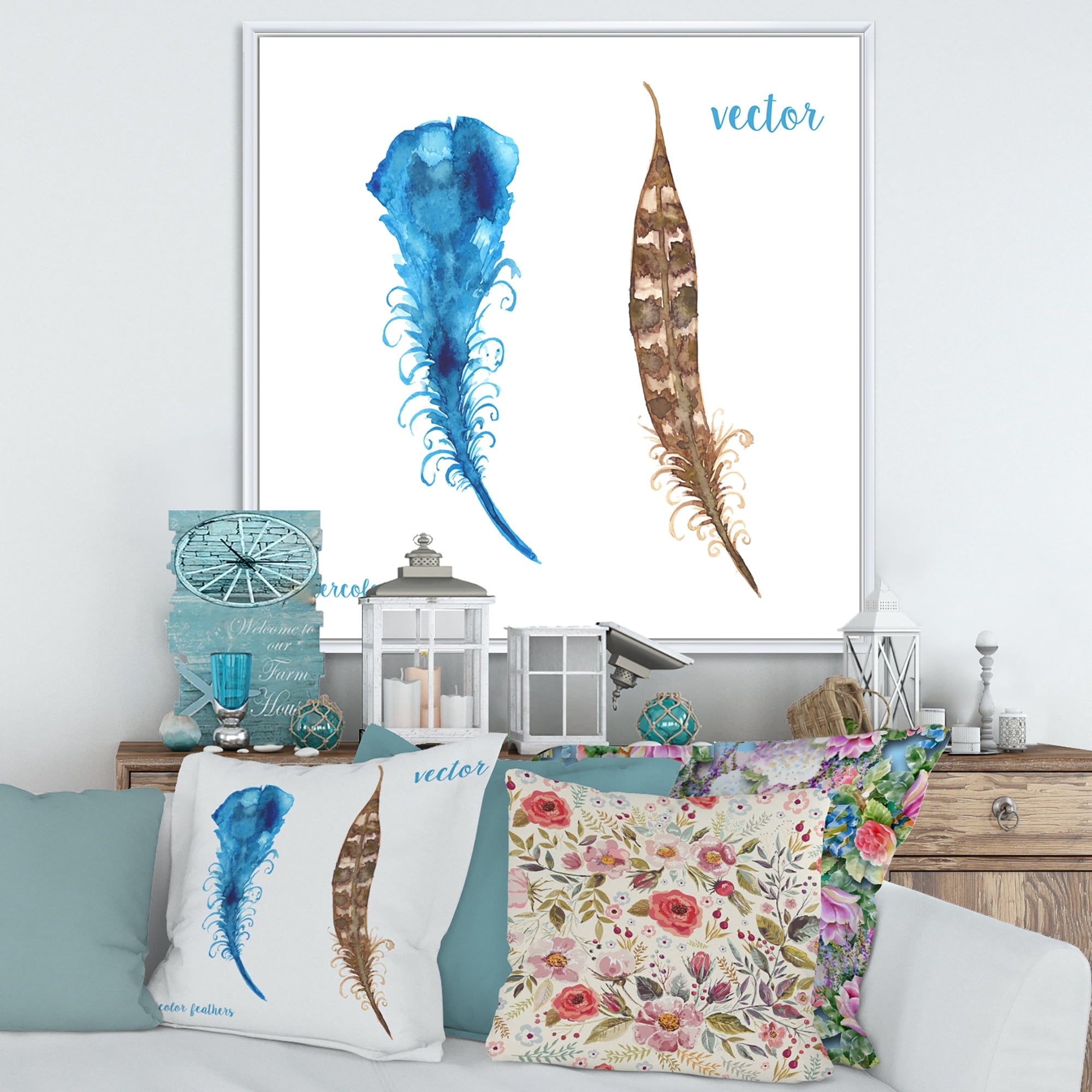 Designart 'Ethnic Boho Watercolor Feathers' Bohemian & Eclectic Framed Canvas Wall Art Print