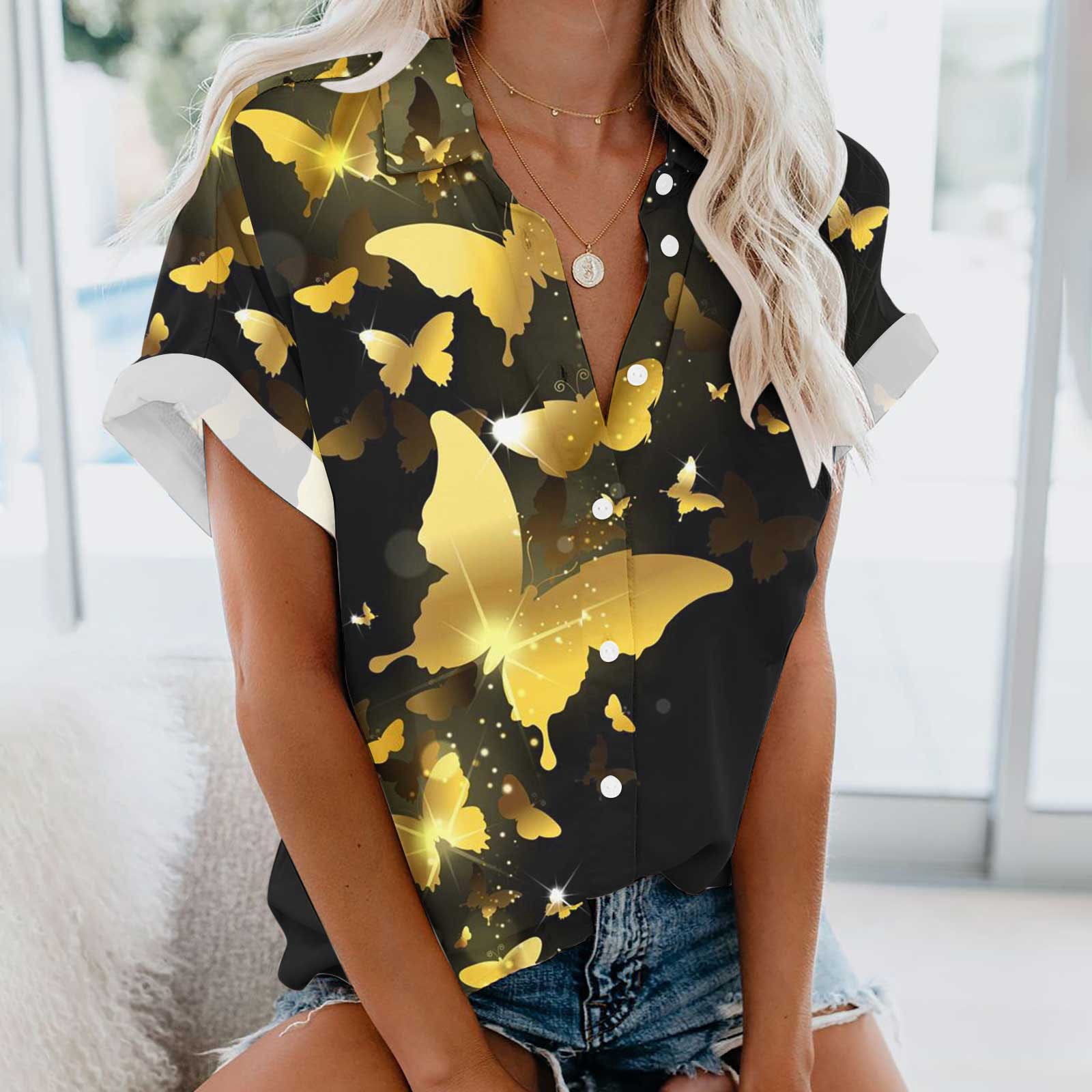 Usmixi Womens Tops Marbled Print Short Sleeve V-Neck Tee Shirts Summer  Lightweight Loose Button Down Cardigan Blouses Yellow XL - Walmart.com