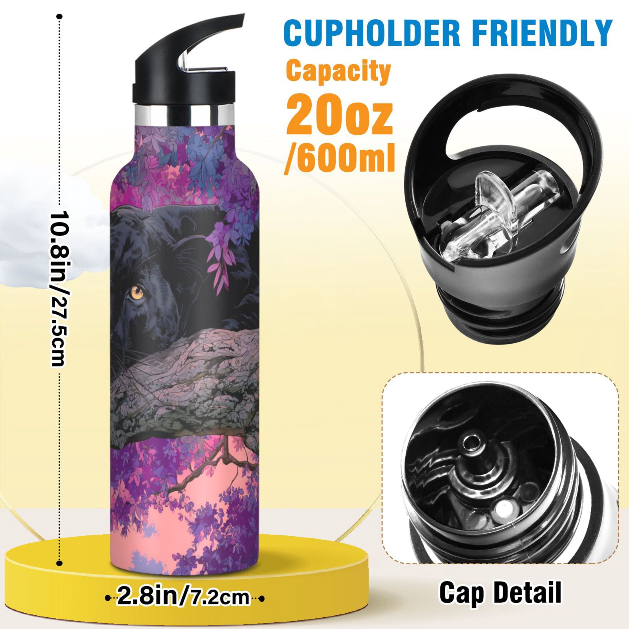 Kids Insulated Stainless Steel Sports Water Bottle 600ml Black Panther Pattern