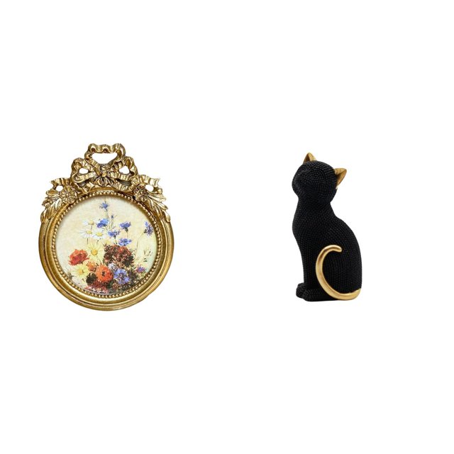 Marco de fotos redondo decorativo de resina ornamentada, estilo vintage, con estatua de gato. Figura de escritorio de material resistente hecho a mano