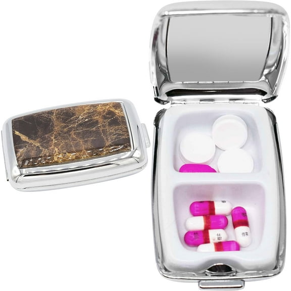 Set of 2 Dual-Compartment Rectangular Pocket Purse Pill Box & Organizer With Insert (Brown Marble)