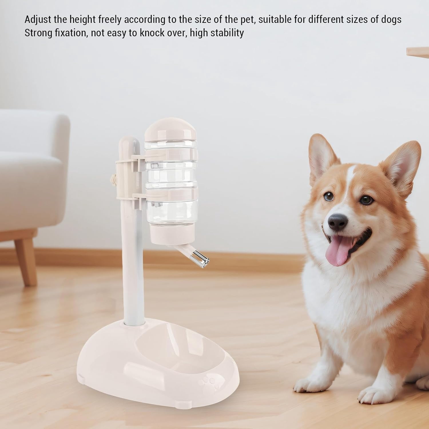 ABCISI Pet Standing Water Dispenser, Height Adjustable Automatic Water Feeder Food Feeder Bowl, 500ml Dog Water Bottle Dispenser, Dog Cat Feeding Water Bowl Set (Beige)