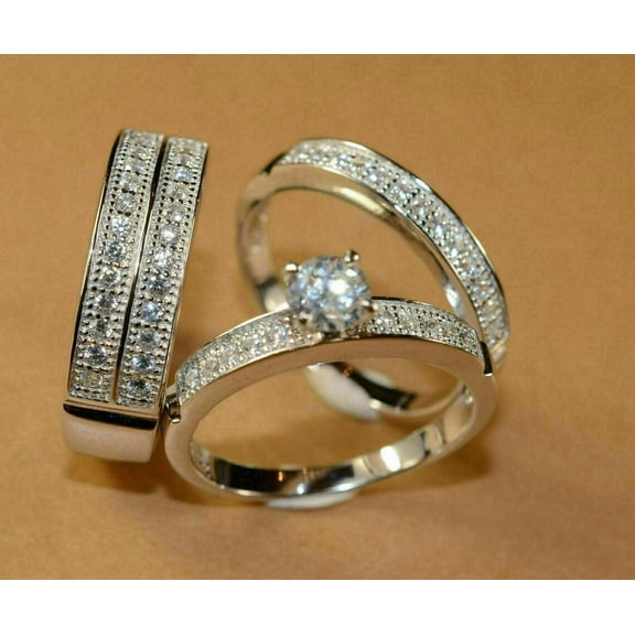 Bluebell Jewels 14K White Gold Finish Cubic Zirconia Wedding Trio His Her Bridal Band Ring Set