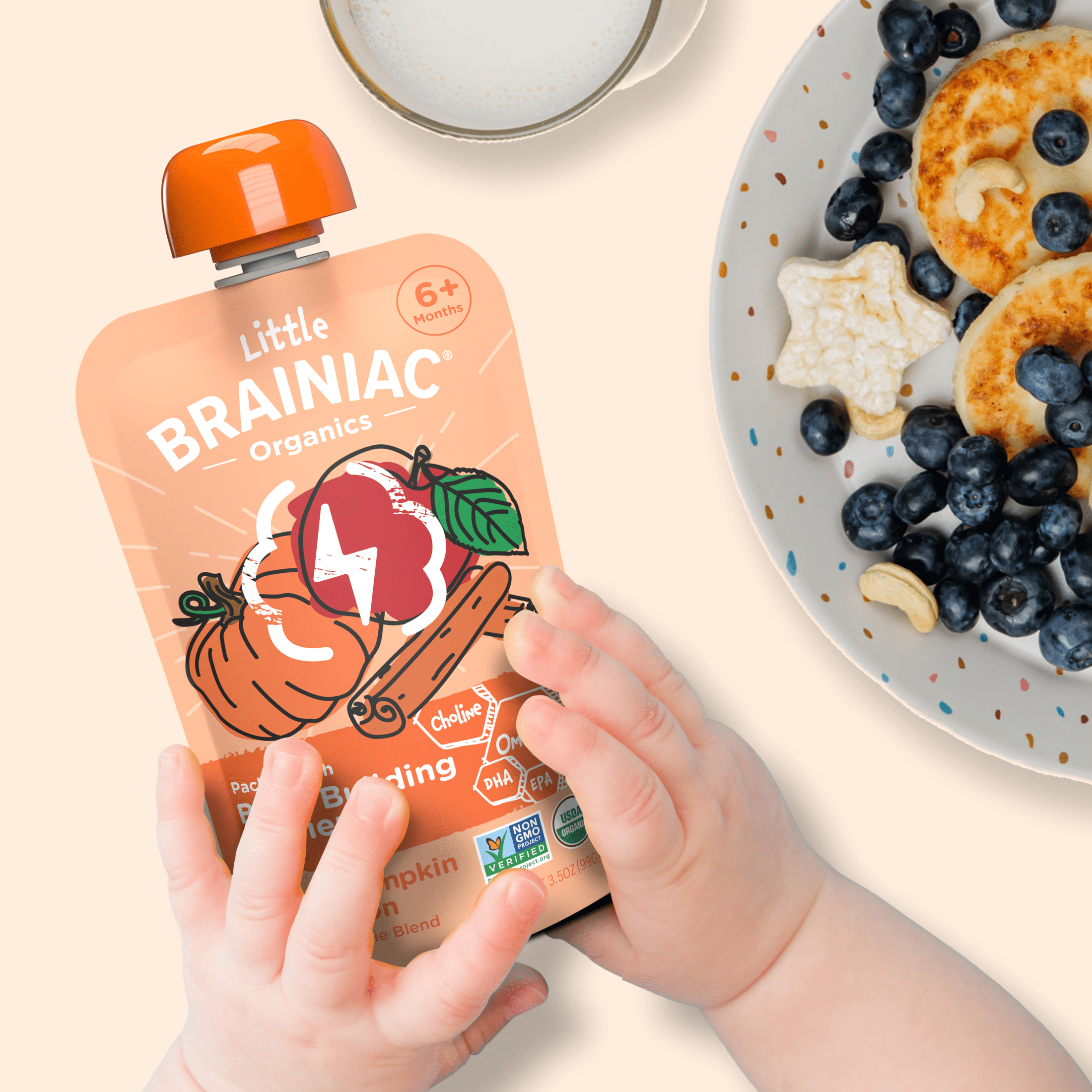Little Brainiac Organic Fruit & Veggie Baby Food Pouch with Omega-3s, Apple Pumpkin Cinnamon, 3.5oz, 6ct