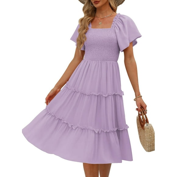 Women'S Summer Casual Flutter Sleeve Square Neck Smocked Midi Dress Light Purple S