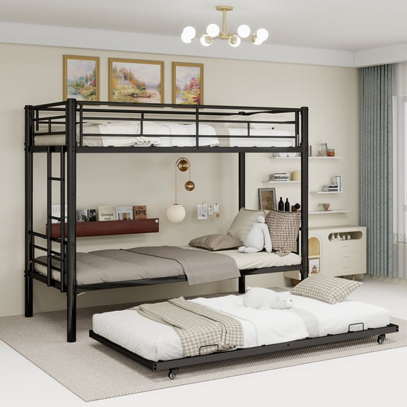 Netrum Twin over Twin Bunk Bed with Trundle,Twin Bunk beds with Ladder & Guardrail,Triple Metal Bunk Beds Frame with Bottom Storage Space for Adults Bedroom,Dorm,Guest Room,Black