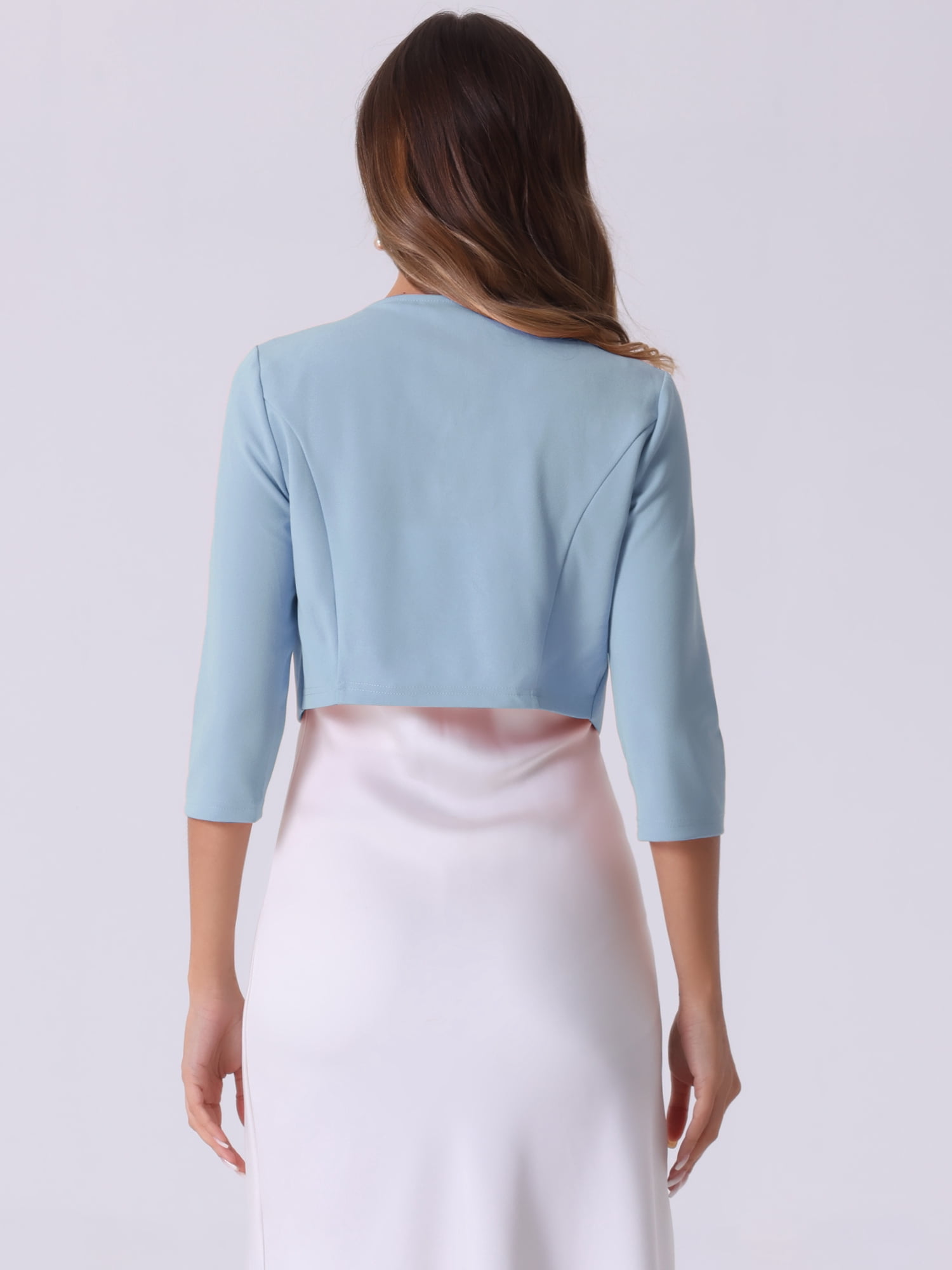 DARING DIVA Women's 3/4 Sleeve Shrug Top Collarless Pleated Open Front Cropped Cardigan XL Light Blue
