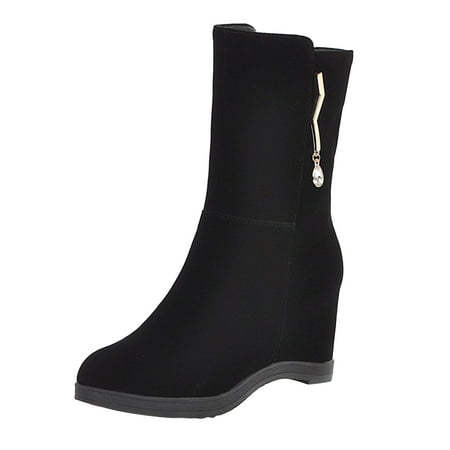 DVKOVI Shoes for Women Dressy Calf Boots for Women Ladies Fashion Solid Solor Suede Metal Decorative Side Zipper Wedge Heel Thick Soled Short Boots Heel Boots for Women Black 40