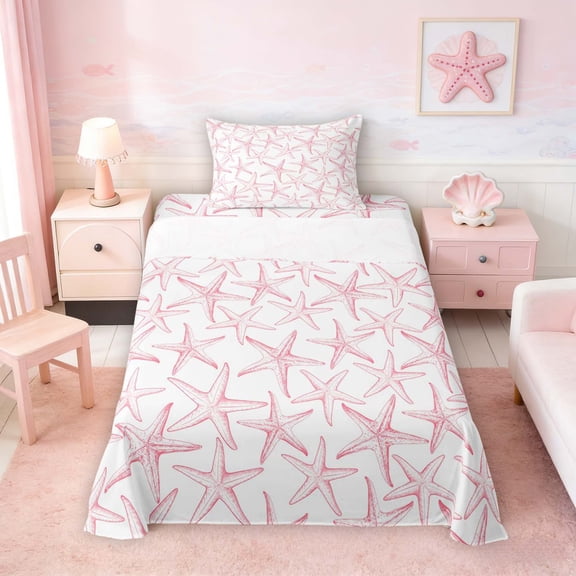 Manfei Watercolor Pink Starfish Twin Sheet Sets for Kids Girls, Kawaii Ocean Wildlife Bedding 3-Piece, 1 Flat Sheet, 1 Fitted Sheet and 1 Pillowcase