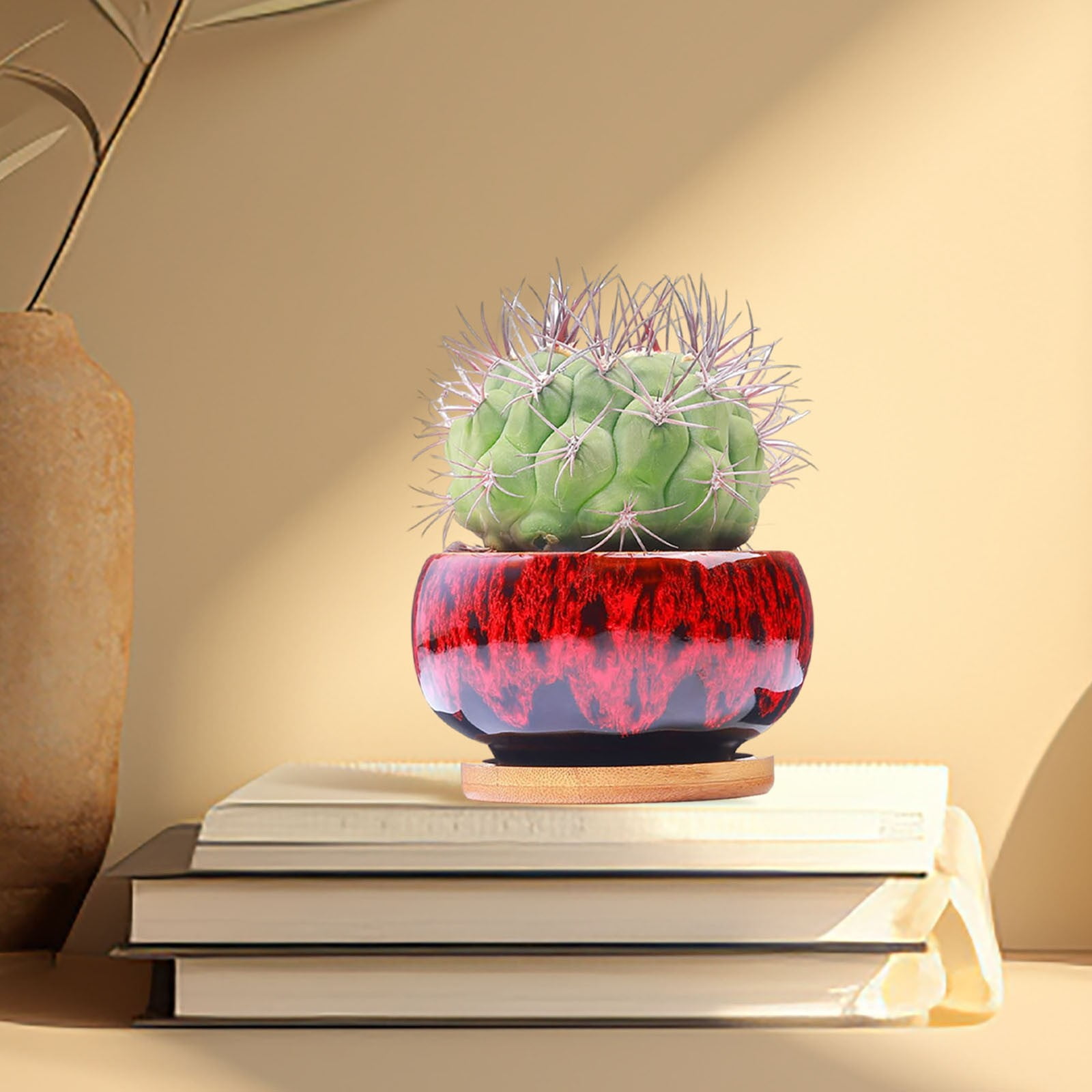 3.94 Inch Round Ceramic Succulent Planter Pot with Drainage Hole and Attached Saucer, Glazed Shallow Cute Indoor Pot for Cactus, Small Flower Pots, Home Garden Decor (Plants Not Included)