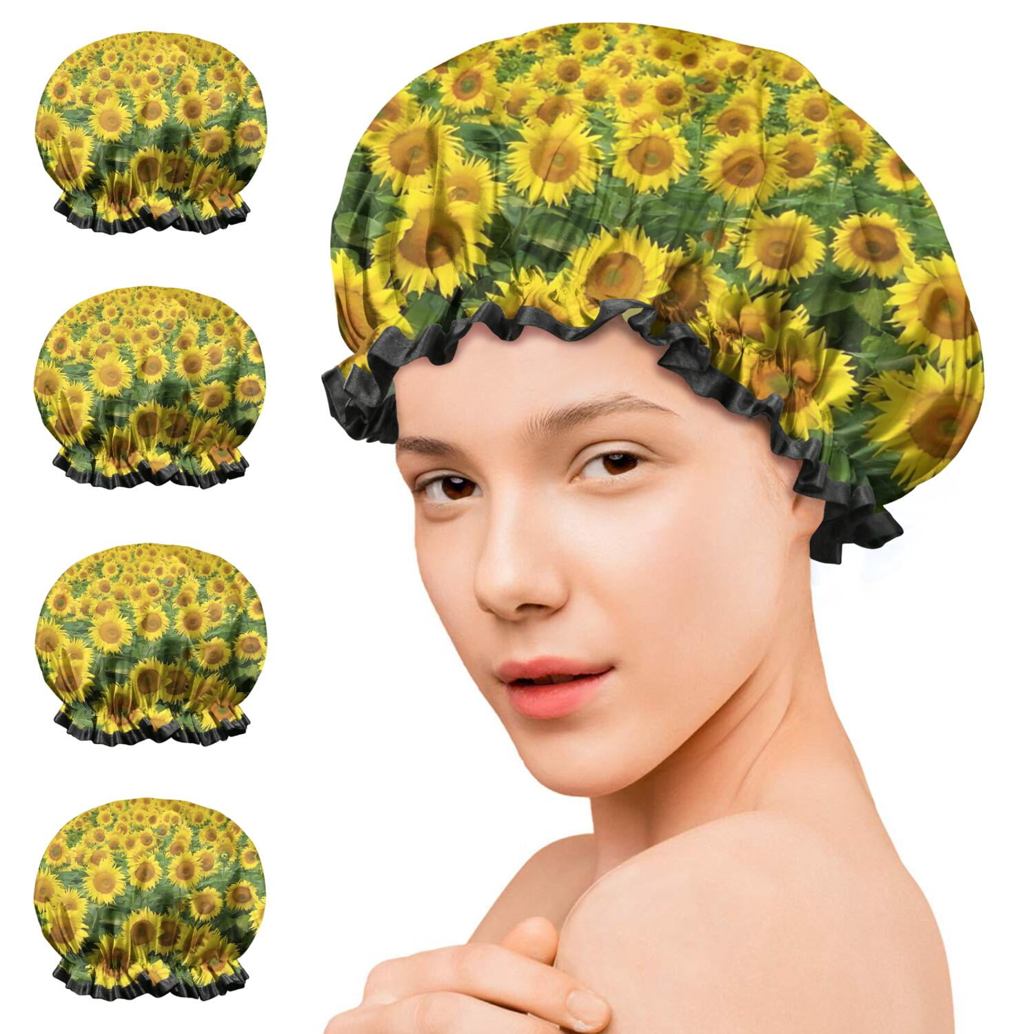 Shower Caps,Blue Sky Sunflower Field Pattern Waterproof Shower Cap for Women 4 Pieces,Double Reusable Hair Cover for Shower PEVA Elastic Stretch Hem