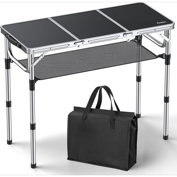 Folding Camping Table with Storage Net, 3ft Camping Table Aluminum Folding Table with 3 Adjustable Height Max 27.5 Inch Picnic Table Portable Table for Outdoor Backyard BBQ,