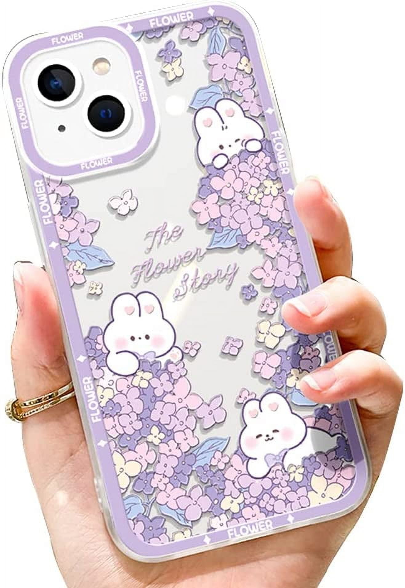 Kawaii Bunny Case for iPhone 13 Pro Max Purple Flowers, Cute