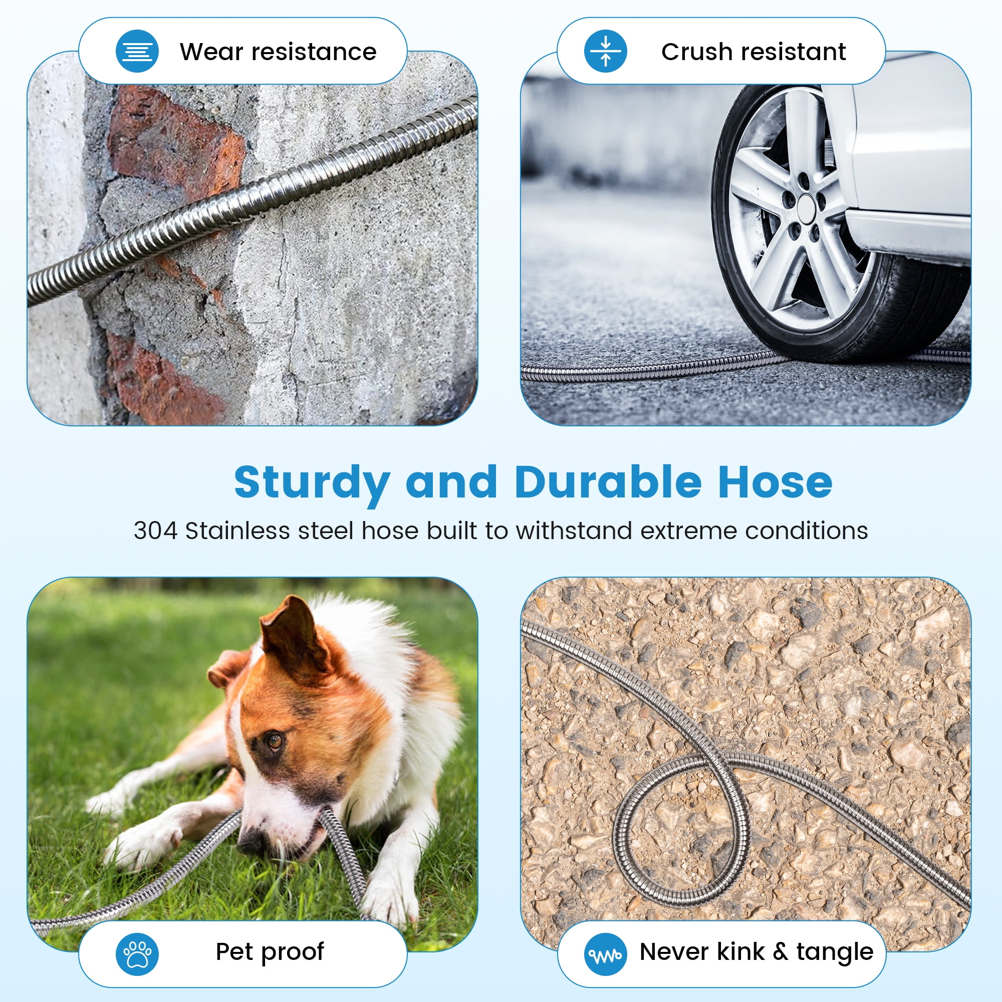 OHHANI Stainless Steel Hose, 50 ft x 5/8", Garden Hose with 10-Function Sprayer, No Kink