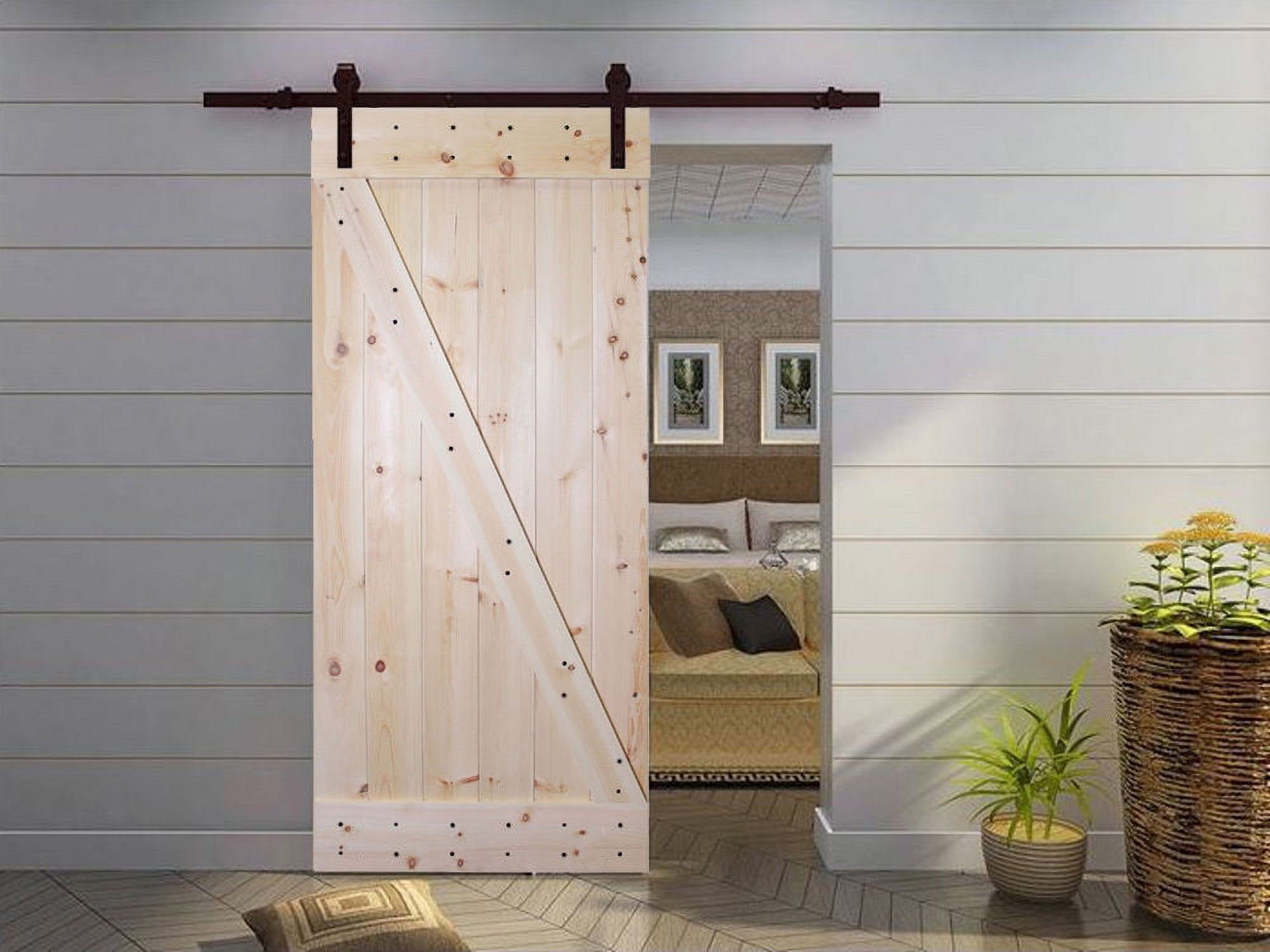Distressed Z 36 in. x 84 in. Unfinished Solid Knotty Pine Wood Interior Sliding Barn Door with Hardware Kit