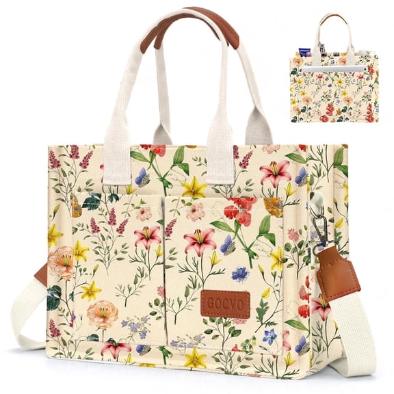 Gocvo Canvas Tote Bag for Women, Large Multi-Pocket Shoulder Handbag, Crossbody Messenger Bag, Retro Flower