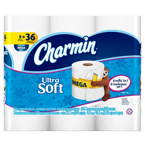 Charmin Ultra Soft Toilet Paper, Bath Tissue, Mega Roll, 9 Count of 308 2-Ply Sheets Per Roll