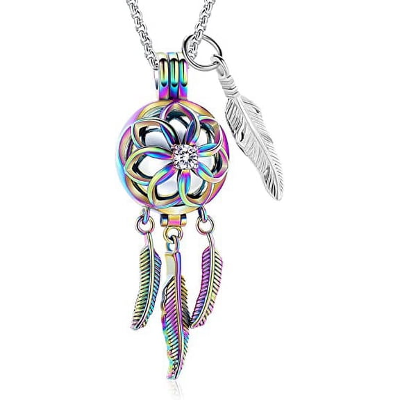 Cremation Jewelry Dream Catcher Urn Necklace for Ashes for Women Men Feather with Angel Wing Keepsake Memories Hollow Urn Pendant for Human Pet Ashes