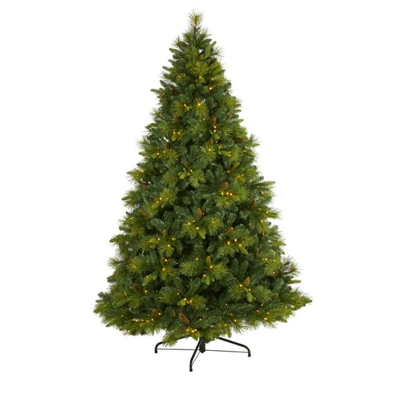 Nearly Natural 7.5ft. North Carolina Mixed Pine Artificial Christmas Tree with 470 Warm White LED Lights, 1895 Bendable Branches and Pinecones