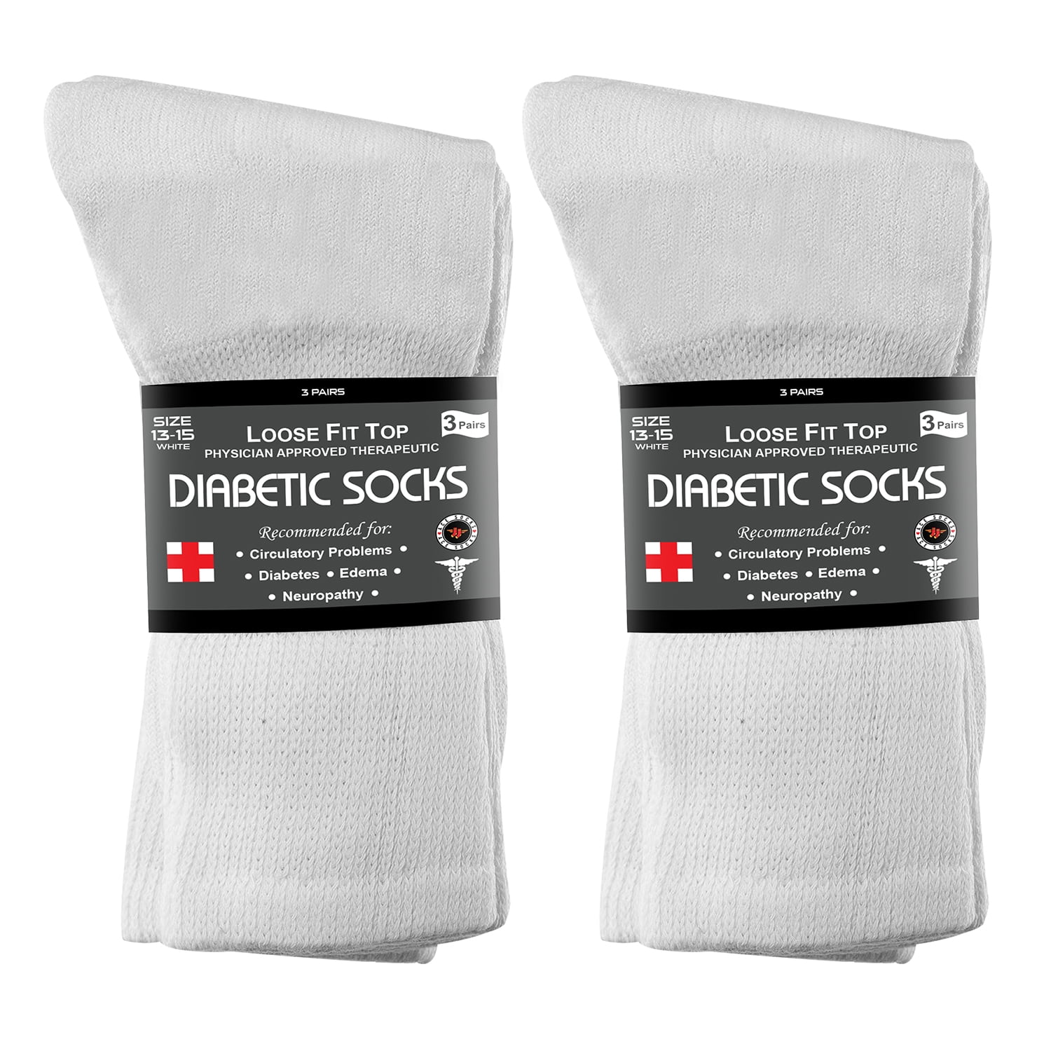 Diabetic Socks Men's & Women Crew Style Physicians Approved Socks, 6 Pairs, Size 1315 (White