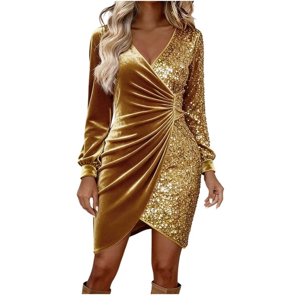 Xdegoge Velvet Dress for Women, Long Sleeve V Neck Sequin Embellished Wrap Dresses with Asymmetric Hem, Fitted Bodycon Party and Evening Wear