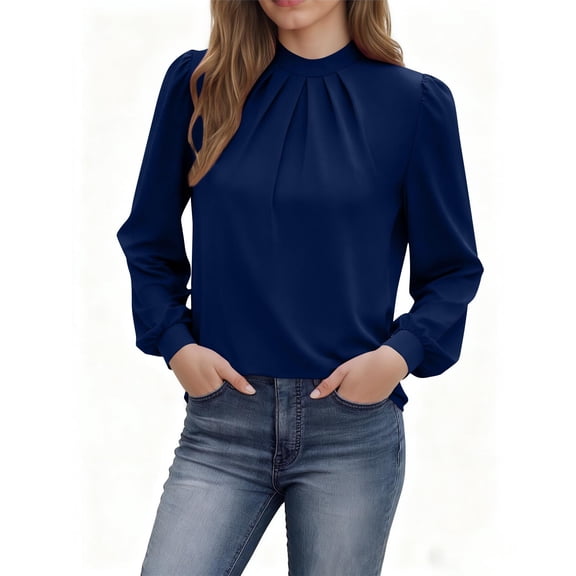 Womens Mock Neck Tops with Front Pleats Long Sleeve Dressy Casual Blouses Loose Fit Business Office Work Shirt (XL, Navy)