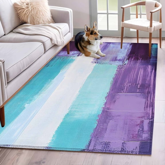 2.7'x5' Area Rugs, Turquoise Purple Indoor Outdoor Area Rug for Living Room Bedroom, Geometric Modern Oil Painting Abstract Washable Bathroom Rugs Kitchen Floor Carpet Mats Home Decor Aesthetic