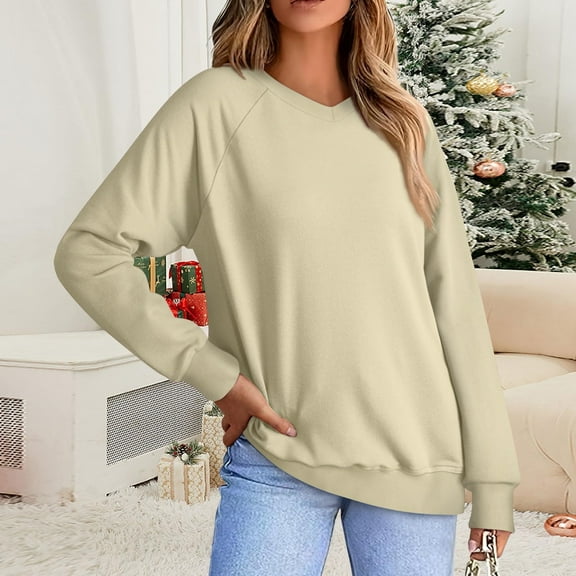 Dasayo Beige Womens Tops Trendy Long Sleeve Loose Fit V-Neck Solid Pullover Sweatshirts Tshirts Shirts for Women L